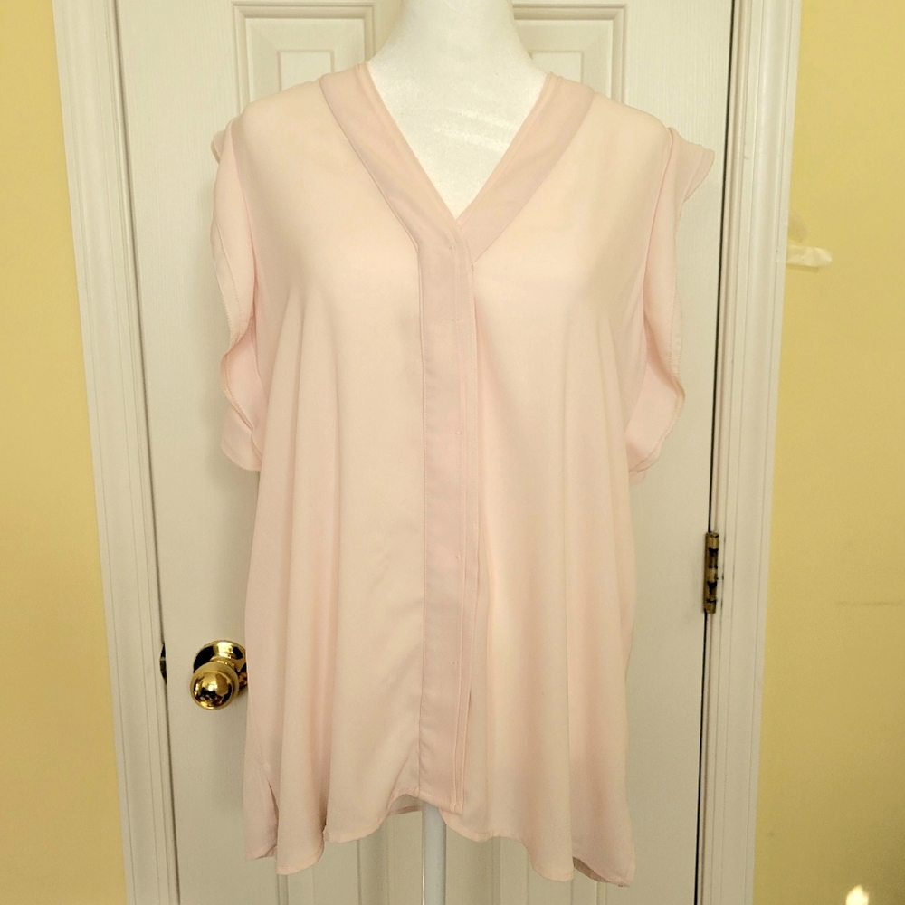 Karl Lagerfeld Ruffle Sleeveless Blouse Top Blush Pink Button Down V-Neck sz L